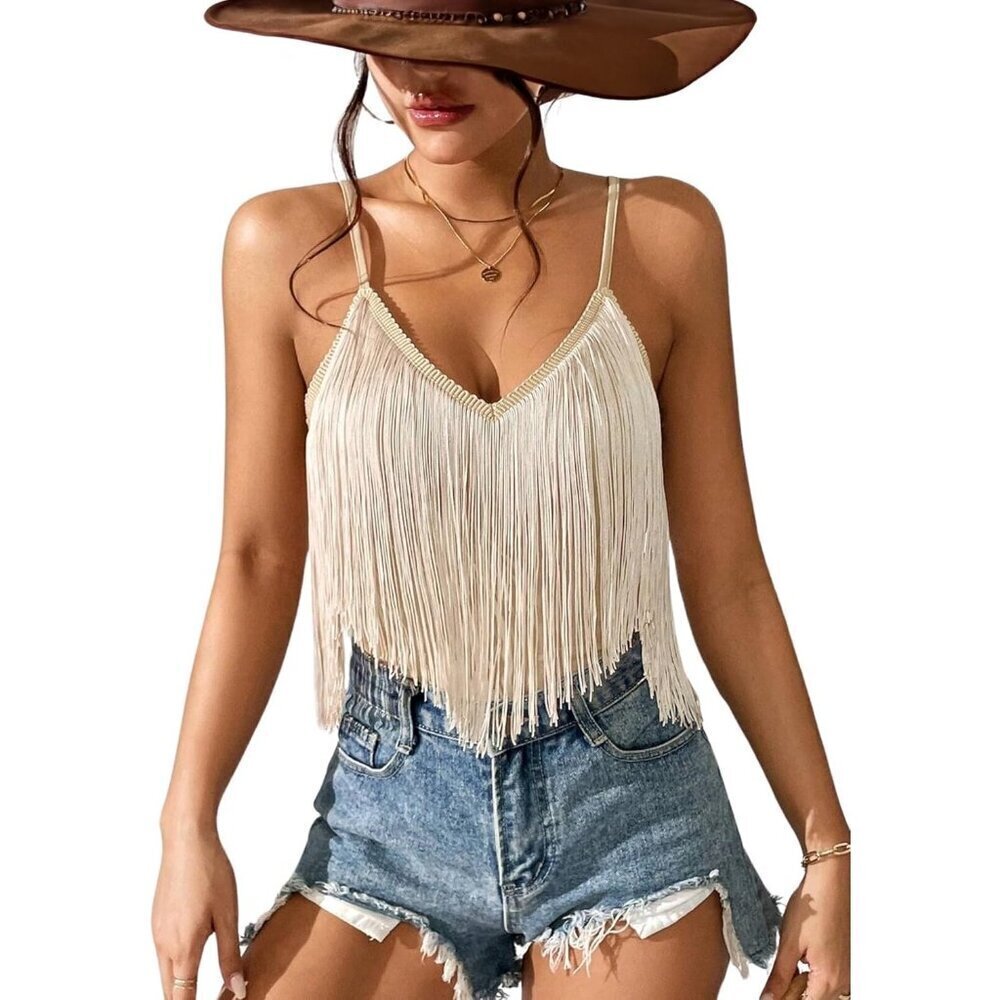 Women's Khaki Fringe Tank Top Western Festival Clothing Cowgirl V Neck Outfits